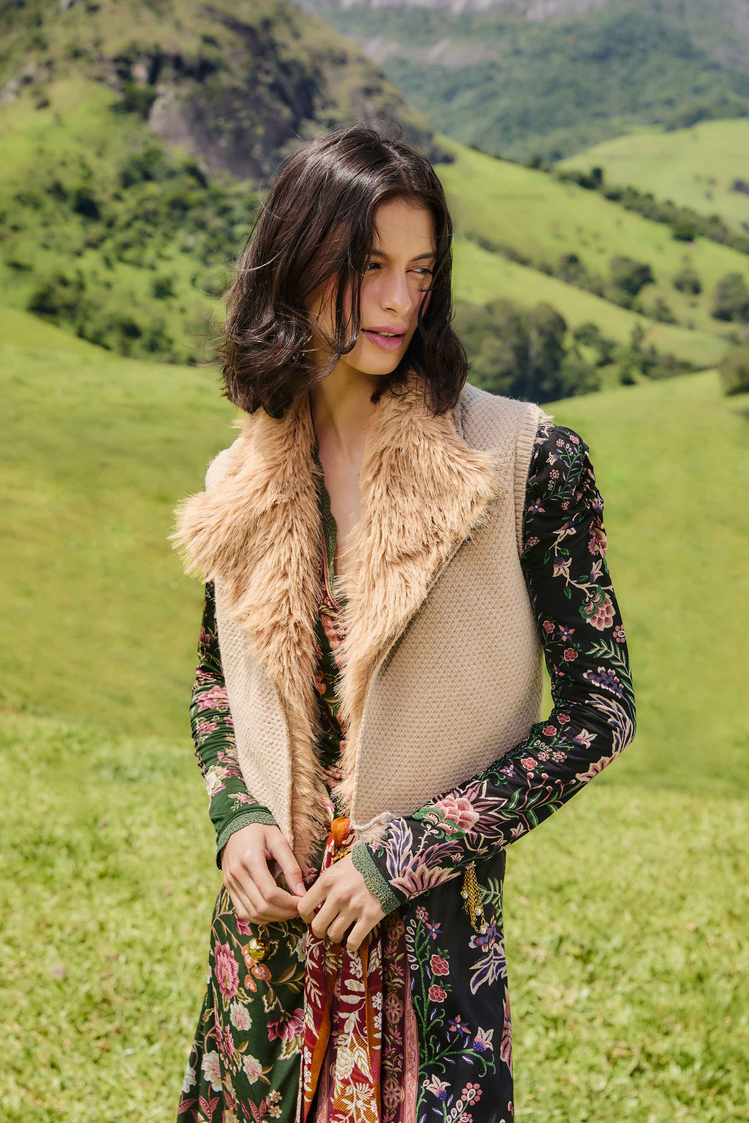 Beige Fur Sleeveless Knit Vest | FARM Rio | FarmRio (US)