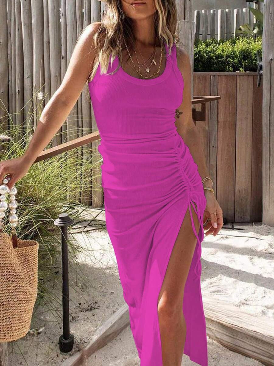 ChicMe Ombre Ribbed Drawstring Ruched High Slit Dress | SHEIN