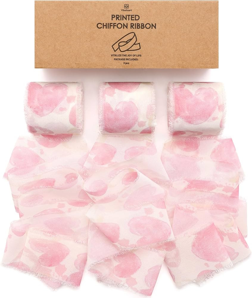 Vitalizart Pink Chiffon Ribbon Silk Like 1 1/2 Inch Printed Frayed Ribbon for Valentines Day Gift... | Amazon (US)