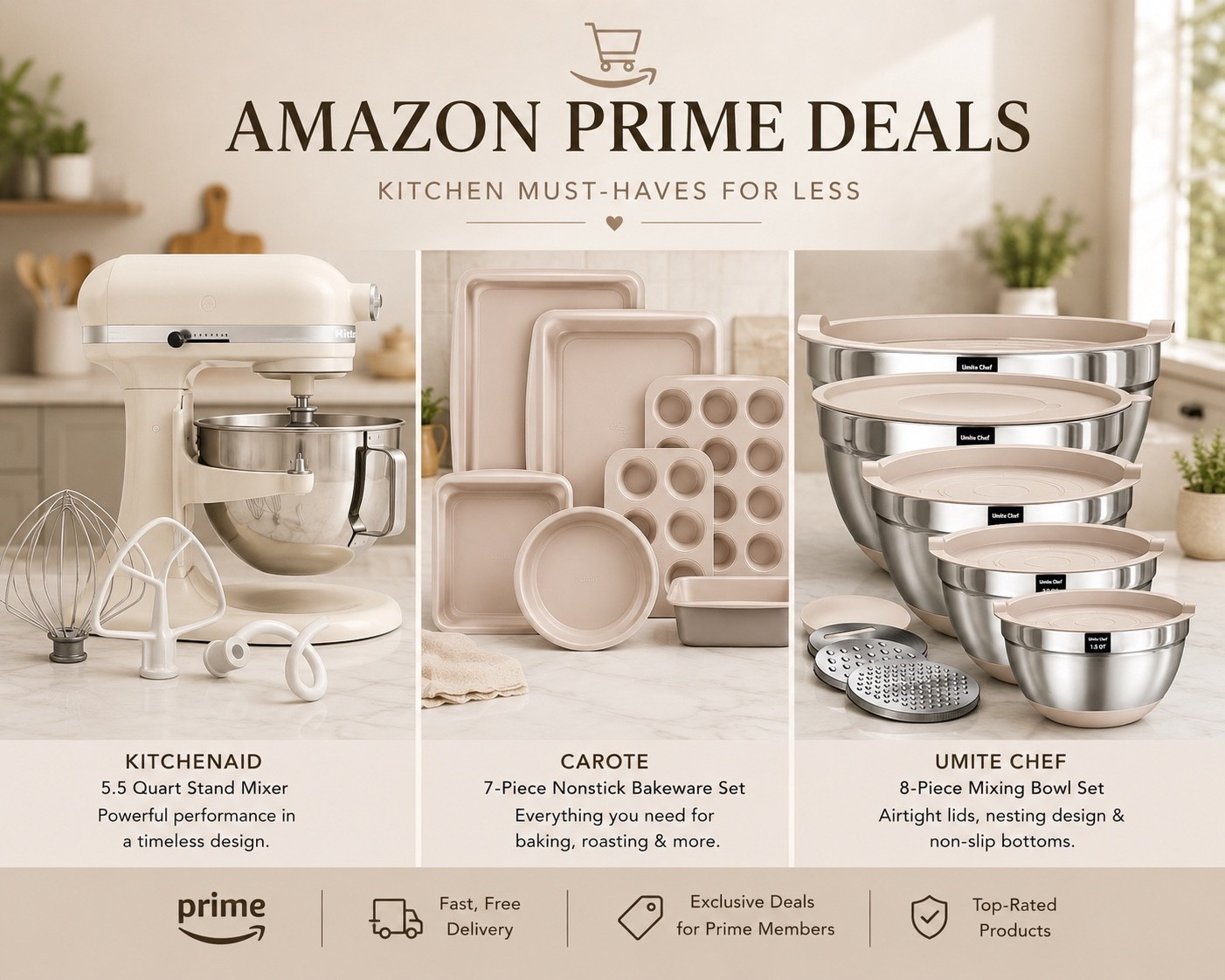 🤍 Prime Day kitchen finds that are as pretty as they are practical!

These neutral kitchen essentials have been sitting in my cart, and Prime Deals make it the perfect time to grab them. From the gorgeous KitchenAid mixer to the bakeware set and nesting mixing bowls, these are the kinds of pieces you’ll reach for again and again.

If you’re refreshing your kitchen or getting a head start on holiday baking, these deals are worth a look!

#LTKHome #AmazonPrimeDeals #KitchenEssentials #AmazonFinds #BakingFavorites #KitchenInspo #LTKSaleAlert #AmazonStorefront #NeutralKitchen #LTKLifestyle

#LTKfoodie #LTKSaleAlert #LTKHome