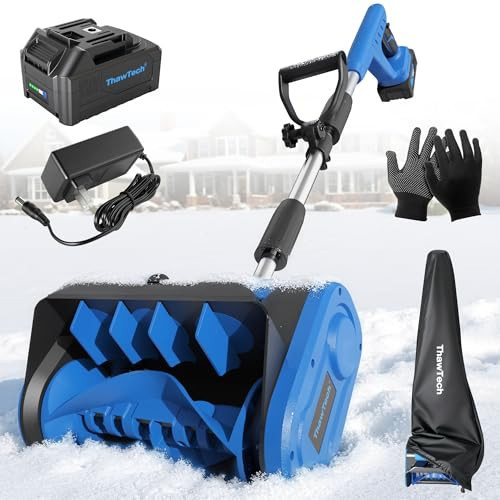 ThawTech Cordless Electric Snow Shovel, 21V, 12-Inch, Adjustable Directional Plate, with 4 Ah Battery and Charger, Electric Snow Blower for Driveway, Steps and Walkways(Sky) | Amazon (US)