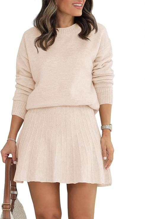 Tankaneo Womens Skirt 2 Piece Sweater Set Long Sleeve Crewneck Sweaters Pleated Mini Skirt Knit L... | Amazon (US)