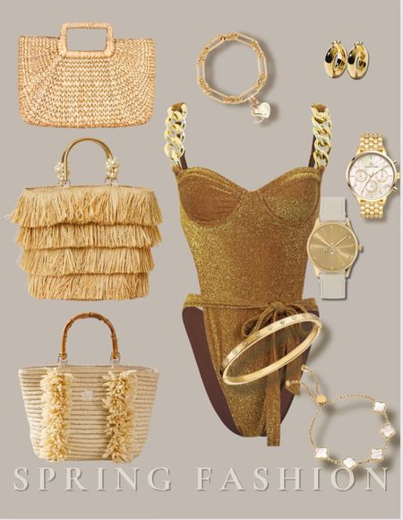 Resort wear style bathing suit with linked coverup. Beautiful for a vacation outfit that has a simple skirt to make it a complete outfit.
.
.
Love the gold bathing suit details and the belt tie. 
.
Vacation outfits | Spring outfits | Spring outfit | Designer looks | vacation bags | beach bags | gold jewelry 

#LTKSpringSale #LTKswim #LTKstyletip