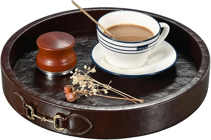 Round Decorative Serving Tray with Handles Coffee Table Tray Leather Large Serving Ottoman Trays ... | Amazon (US)