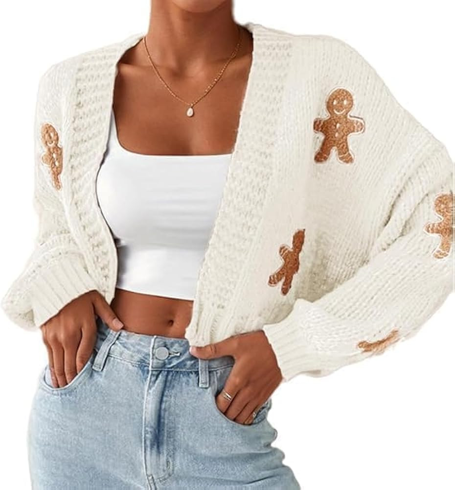 Women's Cartoon Print Drop Shoulder Cardigan, Gingerbread Sweater Women, Gingerbread Cardigan | Amazon (US)