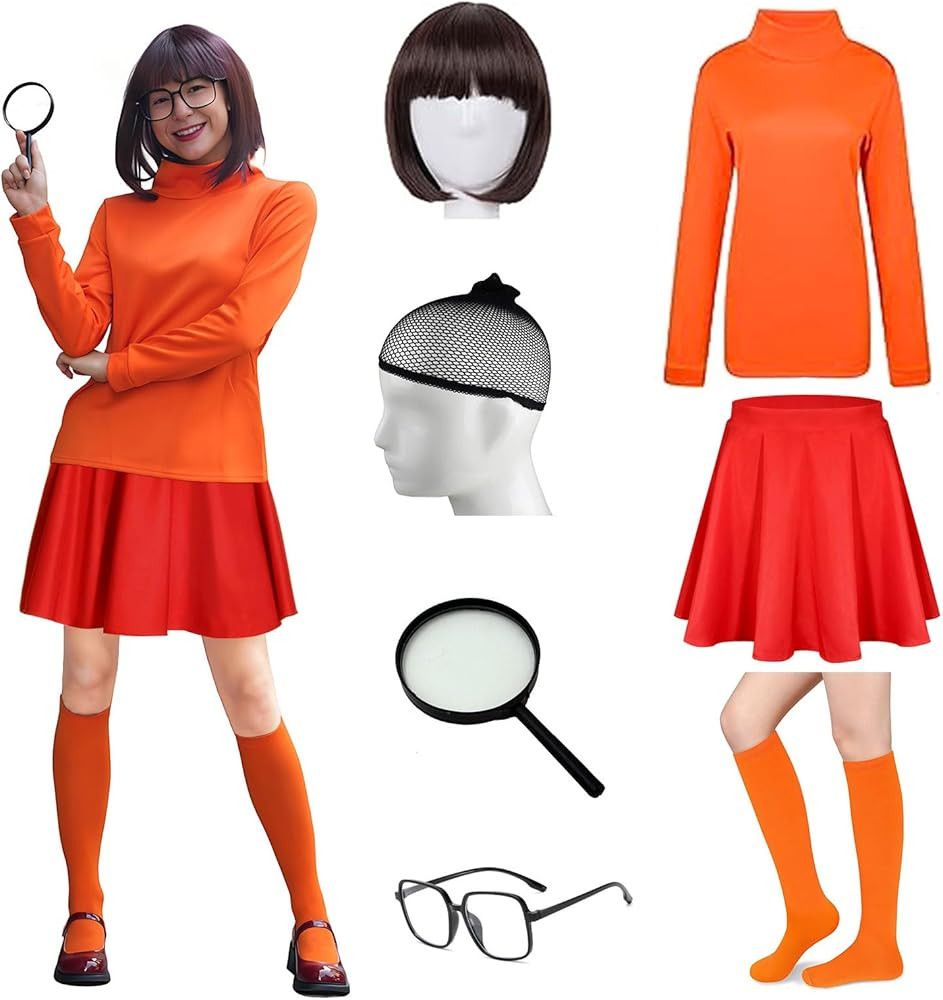 Halloween Costumes Woman 2024 Orange Turtleneck Top,Red Skirt,Brown Bob Wig,Magnifying Glass,Sock... | Amazon (US)