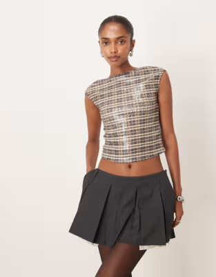 Motel erica cap sleeve top in sequin vintage style plaid | ASOS (Global)