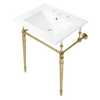 Edwardian 24 in. Ceramic Console Sink Set with Brass Legs in White/Brushed Brass | The Home Depot