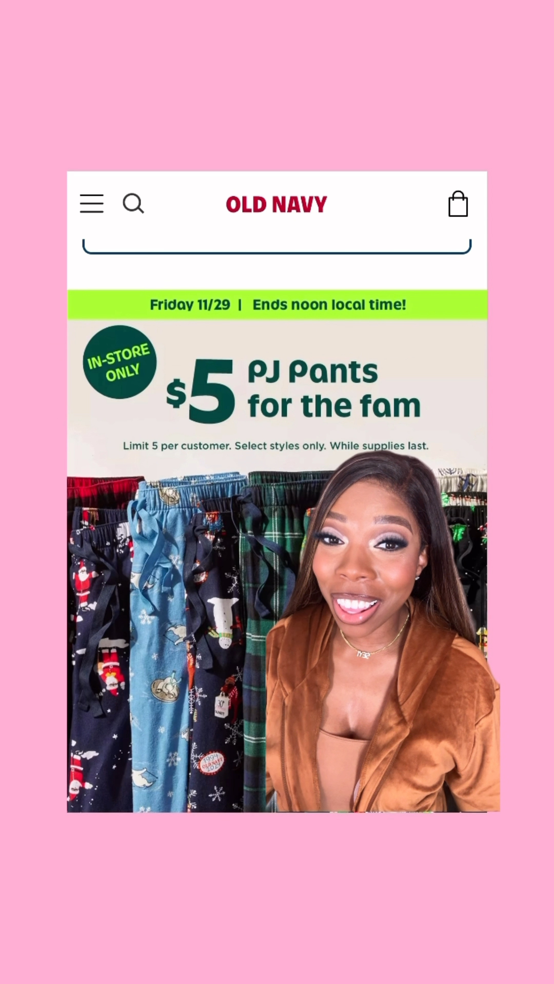 The $5 Christmas pajama pants deal at Old Navy returns tomorrow, for Black Friday & in-store ONLY! 🛍️✨. Online they are just 50% off regular price.

This is a great time to get Christmas pajamas for the whole family, and there are a lot of cute options 🎅🏾❄️✨.

I went recently to see what styles they had at my local store this year, and I’ll definitely be getting the pink pair 💖🎄.

For reference, I usually get a size small in my pajama pants at Old Navy.

#LTKCyberWeek #LTKHoliday #LTKSaleAlert