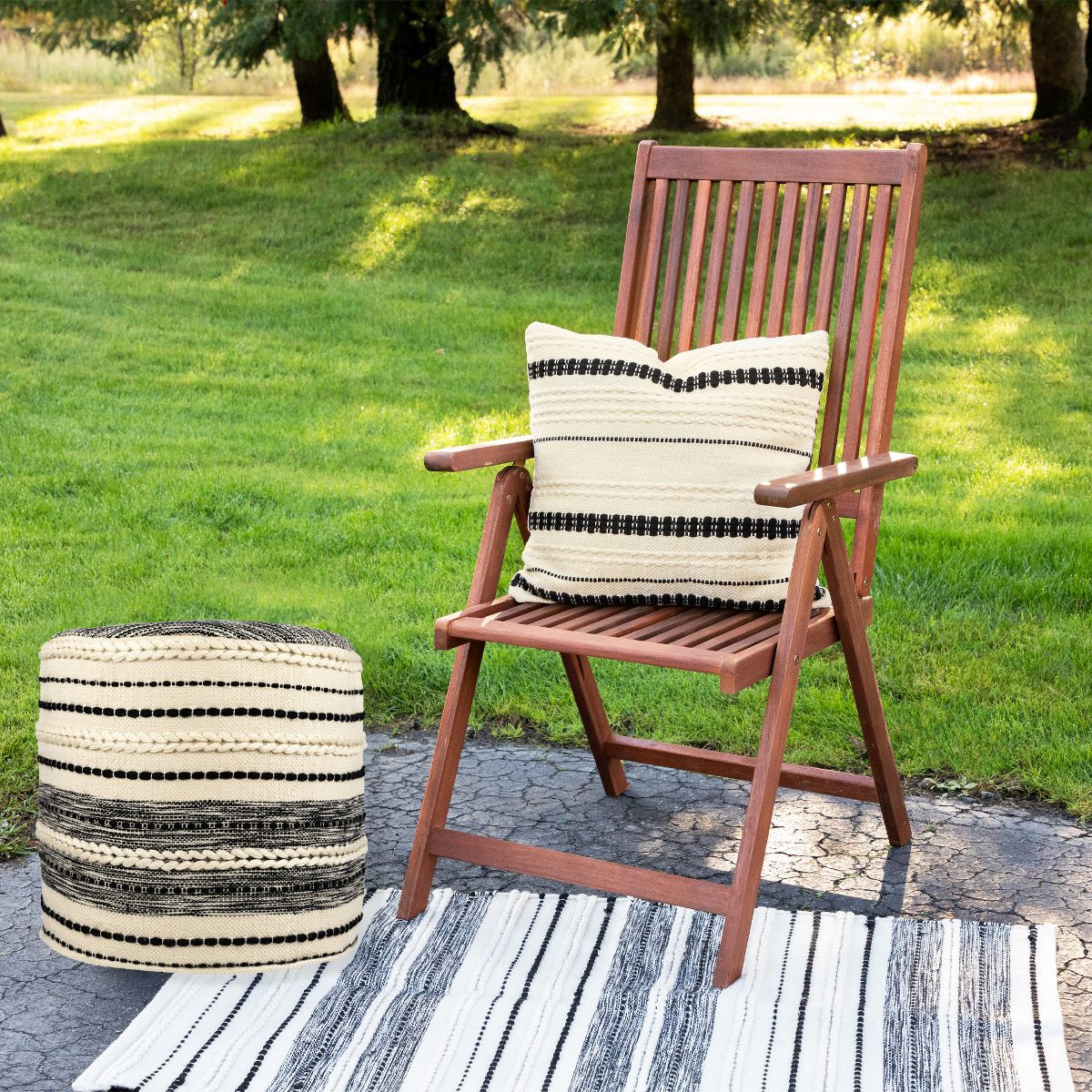 Northlight 18" Striped Cream and Black Outdoor Woven Pouf Ottoman | Target