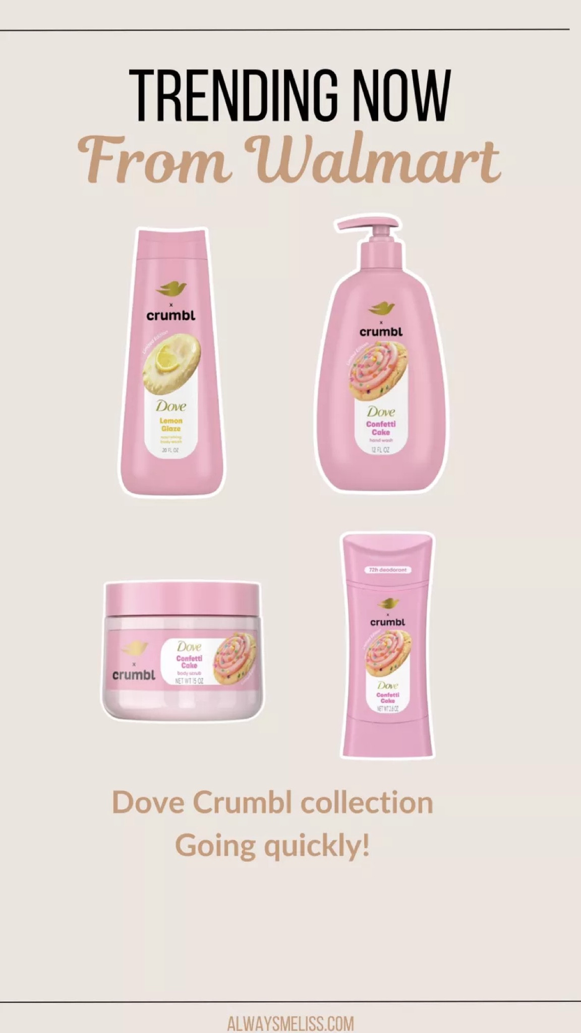 Dove Crumbl body care from Walmart! They are going quickly. 

Walmart
Body wash
Dove

#LTKFindsUnder100 #LTKFindsUnder50