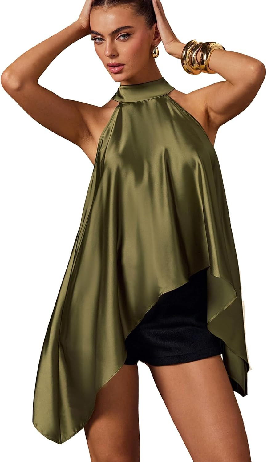 OYOANGLE Women's Summer Halter Going Out Top Sleeveless Asymmetrical Blouse | Amazon (US)