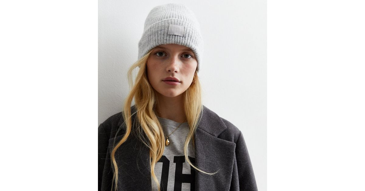 Pale Grey Ribbed Knit Tab Front Beanie | New Look | New Look (UK)