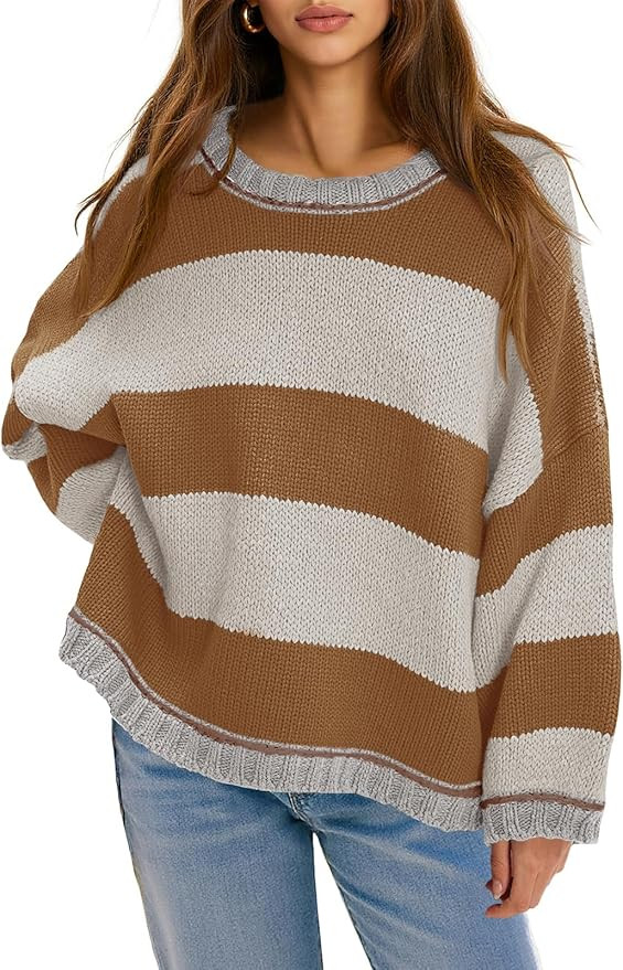 Fisoew Womens Oversized Sweaters Casual Long Sleeve Striped Color Block Crewneck Knitted Loose Fa... | Amazon (US)