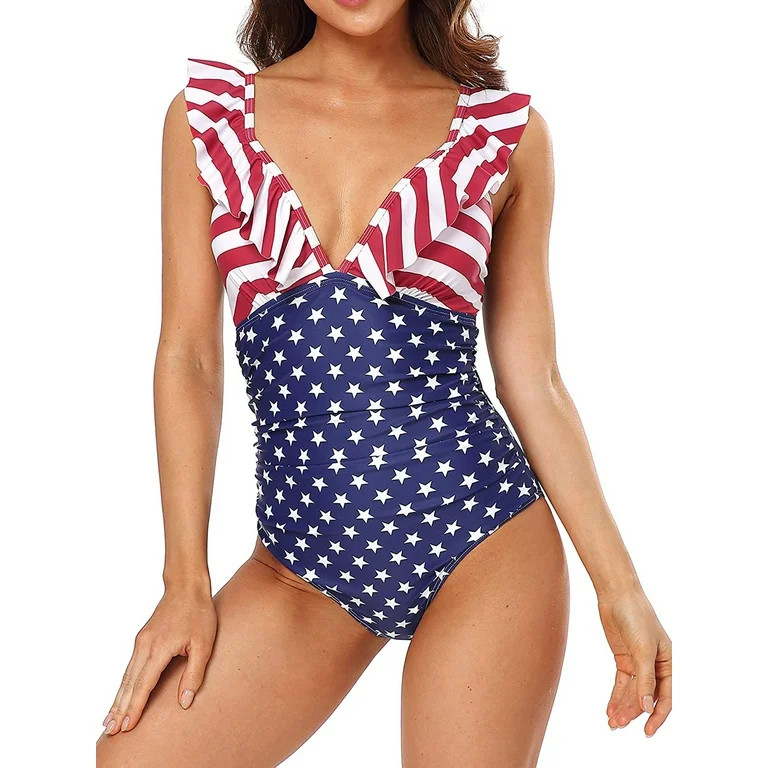 Charmo Women's Ruffle One Piece Swimsuit V Neck Bathing Suits Ladies Sexy Monokini Swimwear - Wal... | Walmart (US)
