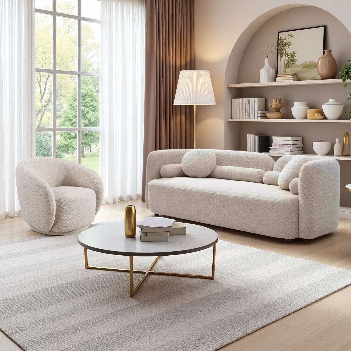 2-Piece Modern Boucle Living Room Sofa Set with 360° Swivel Barrel Chair, 4-Seat Upholstered Couch | Wayfair North America