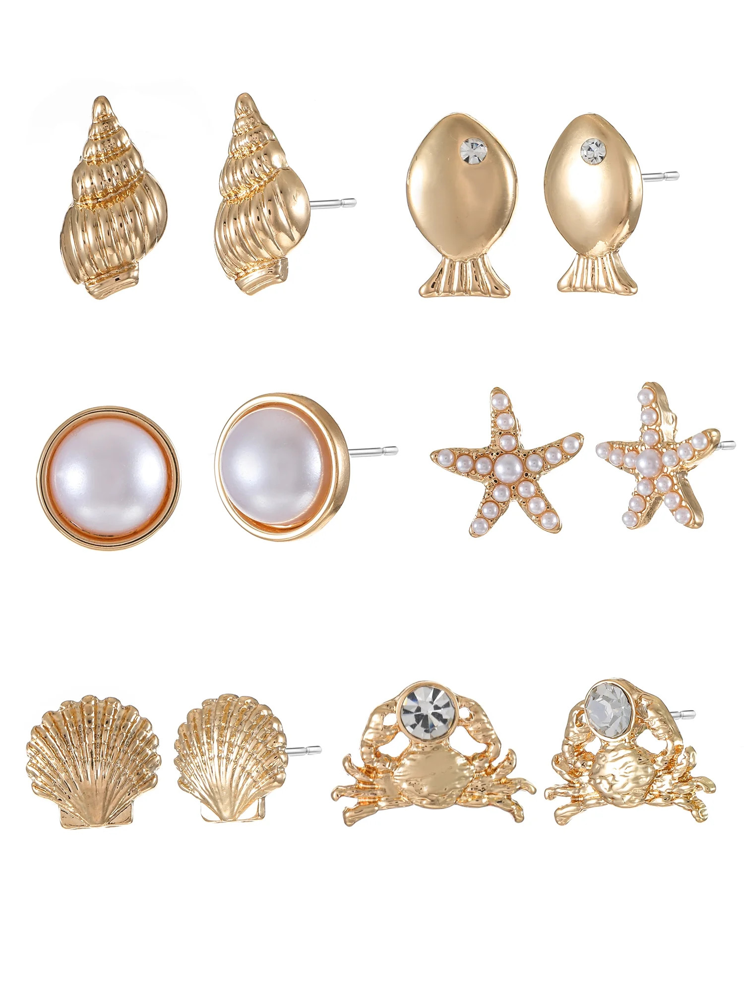 Time and Tru Goldtone Coastal Glam Stud Earrings, 6 Pairs | Walmart (US)