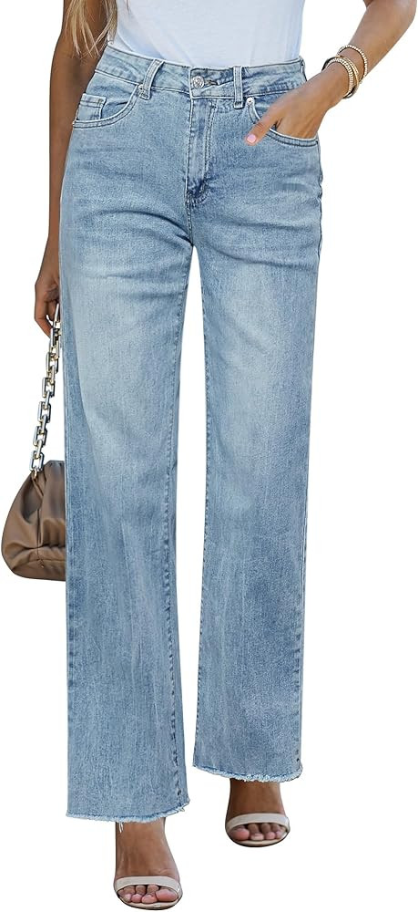 GRAPENT Straight Leg Jeans for Women High Waisted Stretchy Frayed Raw Hem Loose Denim Pants Casua... | Amazon (US)
