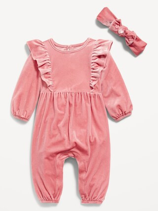 Velvet Long-Sleeve Ruffle-Trim Jumpsuit & Headband Set for Baby | Old Navy (US)