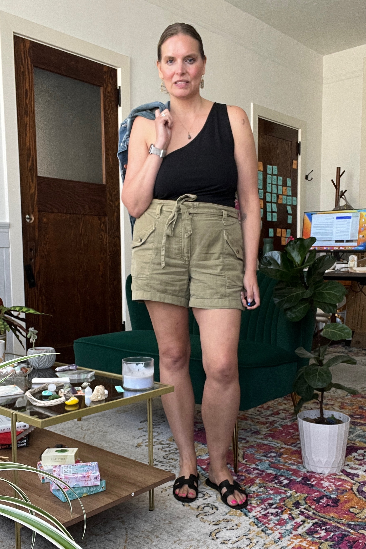 Outfit formula: 
Asymmetrical top, paper bag shorts & sandals 

Size 12 shorts
Large top


#LTKcurves #LTKSeasonal #LTKstyletip