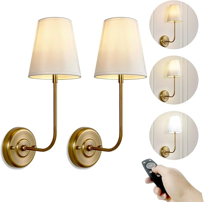 TERLEENART Battery Operated Wall Sconce Set of 2, Battery Rechargeable 3 Colors Dimmable Fabric W... | Amazon (US)