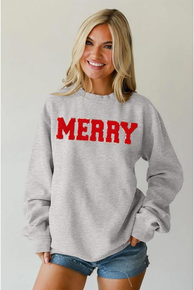 IZYJOY Christmas Women's Merry Graphic Sweatshirt Chenille Patch Letter Printed Crewneck Xmas Gif... | Amazon (US)