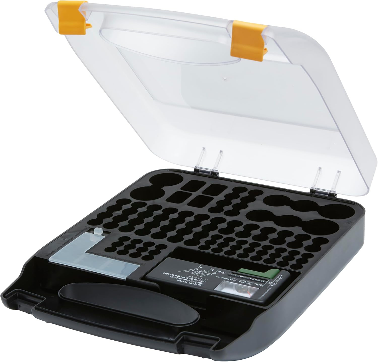 Amazon Basics Battery Organizer with Tester and Handle Holds 110 Batteries, Wall Mountable, Clear/Black | Amazon (US)