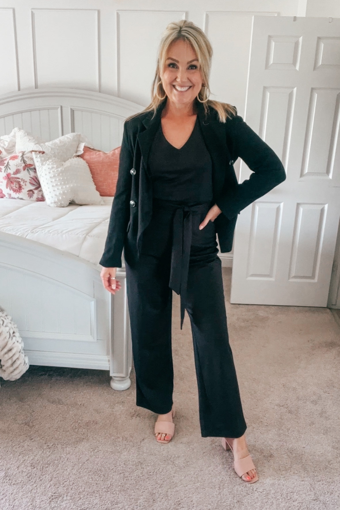 Black jumpsuit
Black blazer 
Neutral sandals

#LTKBacktoSchool #LTKstyletip #LTKFind