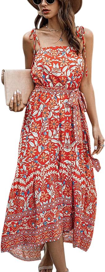 ECOWISH Women Dress Summer Spaghetti Strap Floral High Low Asymmetrical Irregular Hem Casual Long... | Amazon (US)