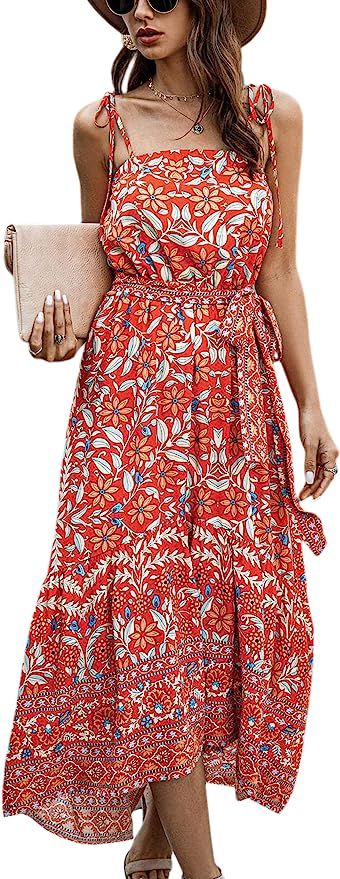 ECOWISH Women Dress Summer Spaghetti Strap Floral High Low Asymmetrical Irregular Hem Casual Long... | Amazon (US)