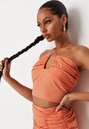 Tall Orange Ruched Halterneck Bandeau Top | Missguided (UK & IE)