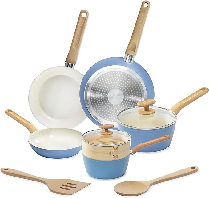 GoodCook 10-Piece Healthy Ceramic Titanium-Infused Cookware Set, Light Blue – Pots, Pans, Steam... | Amazon (US)