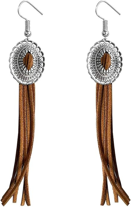 Western Cowgirl Earrings for Women Vintage Leather Tassel Long Drop Earrings Bohemian Brown Leath... | Amazon (US)