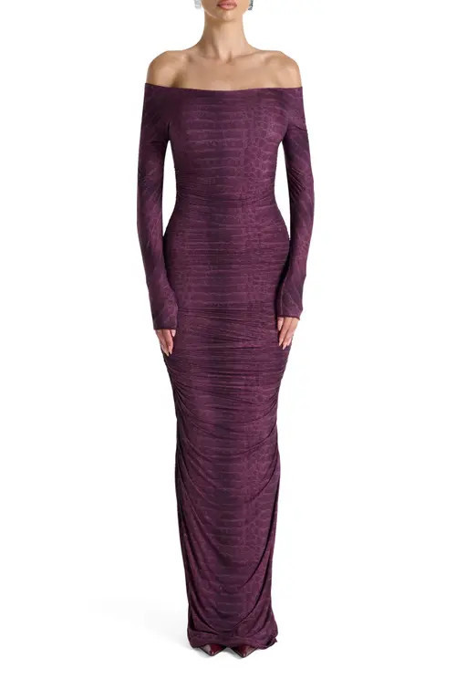 Naked Wardrobe Ruched Off the Shoulder Long Sleeve Maxi Dress in Dark Plum Crocodile at Nordstrom, Size Small | Nordstrom