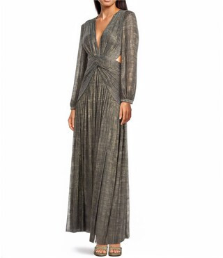Hazel Metallic Chiffon V-Neck Long Sleeve Cut Out Dress | Dillard's