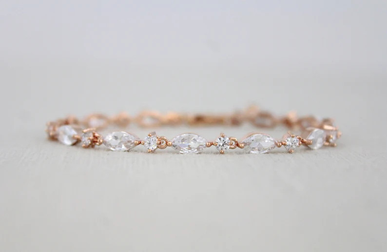 Dainty Rose gold Bridal bracelet Bridal jewelry CZ Wedding bracelet Tennis bracelet Simple Brides... | Etsy (US)