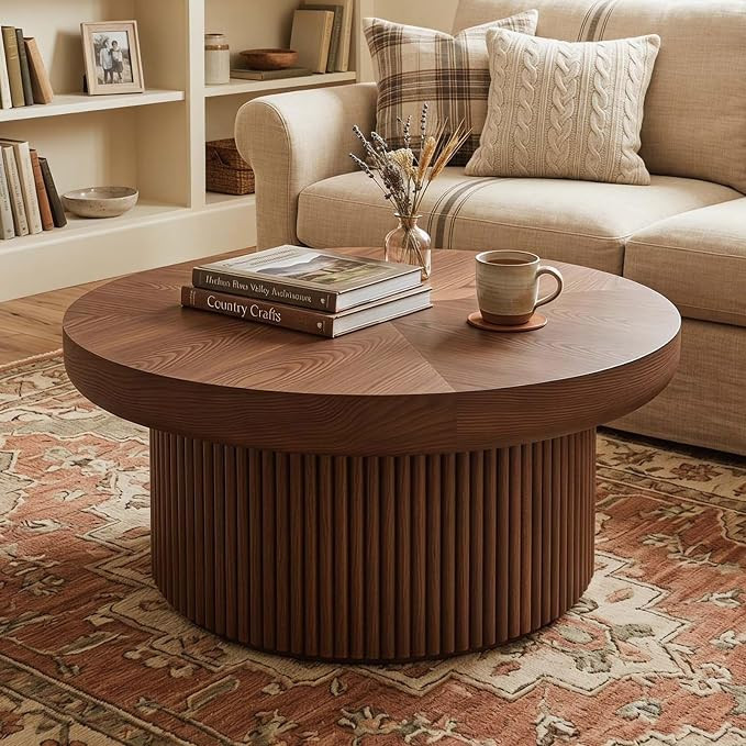 33.5" Round Wood Coffee Table with Cylindrical Base & Parquet Pattern | with Parquet Pattern & Th... | Amazon (US)