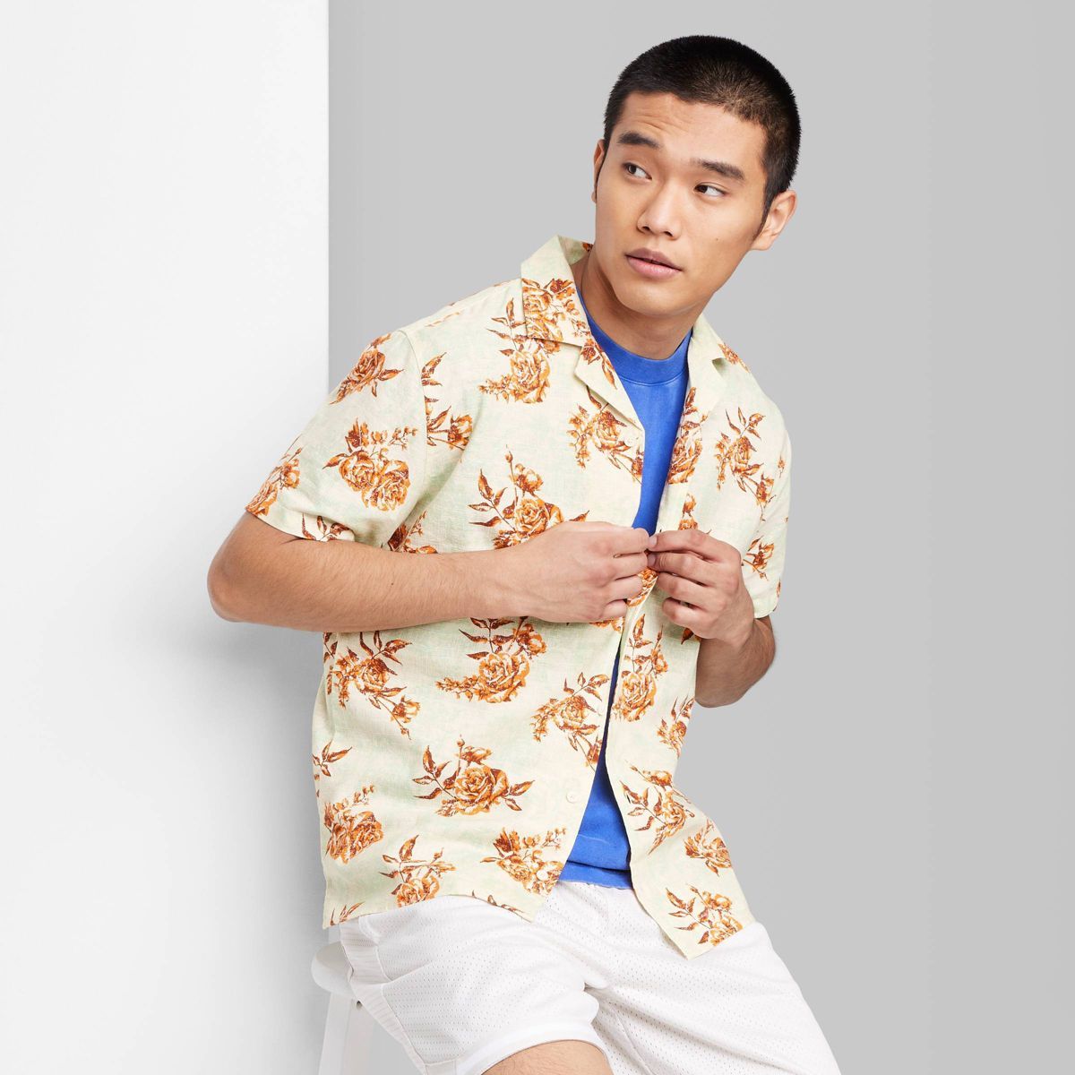 Men's Floral Print Short Sleeve Notch Collared Button-Down Shirt - Original Use™ Light Green | Target