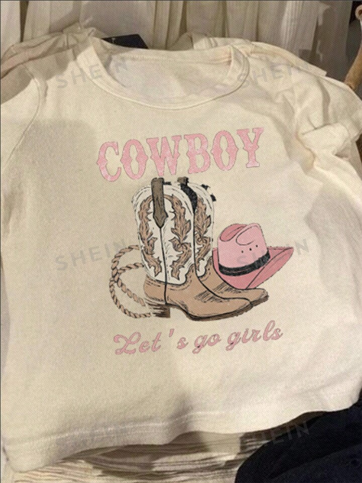 SHEIN EZwear Casual Cowboy Boots & Western Vintage Pattern Round Neck Short Sleeve Slim Fit Cropp... | SHEIN