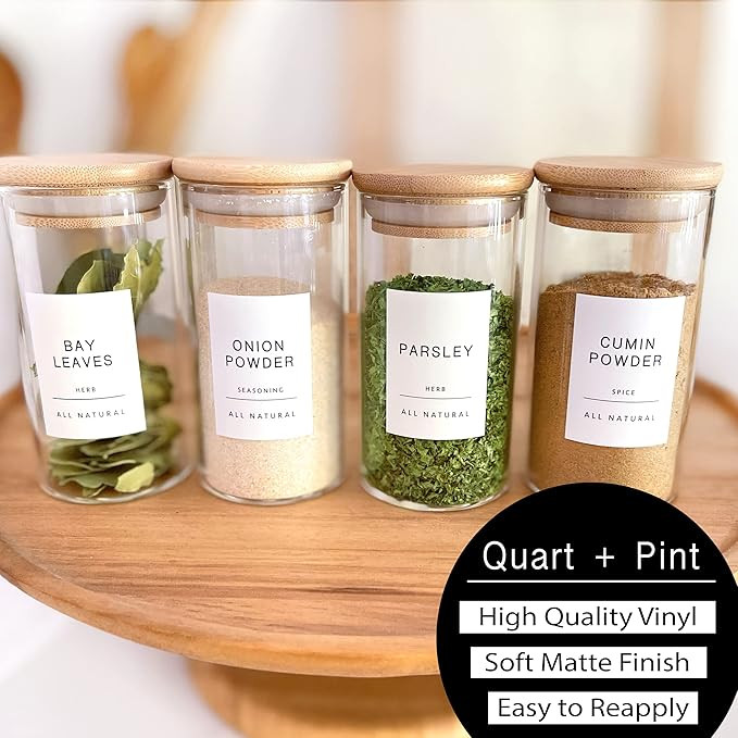 Quart + Pint 160 Spice Jar Labels: Minimalist Matte White Sticker Black Text. Waterproof Stickers... | Amazon (US)