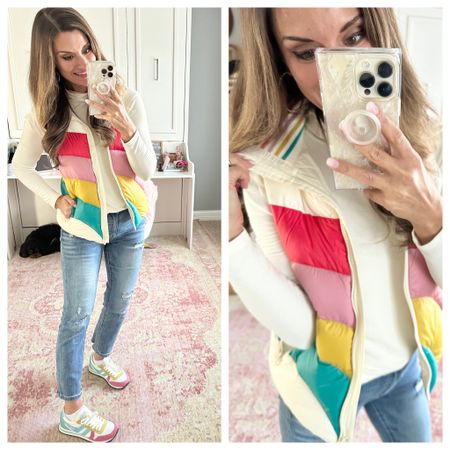 Great colorful look for winter - Size down in the jeans. Wearing a 2/26. Everything else is true to size. Wearing a small in the top and vest  

#LTKstyletip #LTKunder50 #LTKunder100