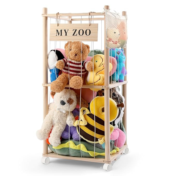 Stuffed Animal Storage Zoo with Wheels, Wooden Stuffed Animal Organizer with Elastic Cords, Space... | Amazon (US)