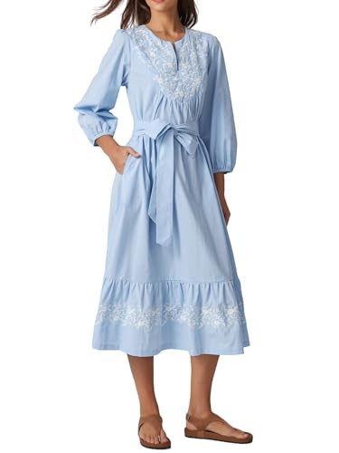 EZAPINE Women Spring Midi Dress 2026 Summer Dresses for Women Embroidered V-Neck 3/4 Sleeve A-Line Flowy Dress with Belt Blue M | Amazon (US)