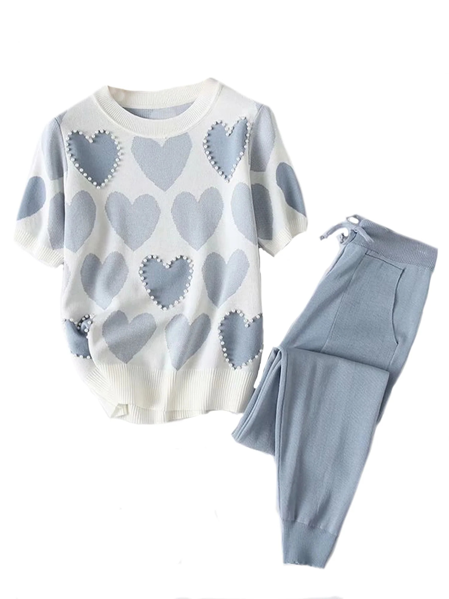 'Janice' Heart & Pearls Knit PJ Set (2 Colors) | Goodnight Macaroon
