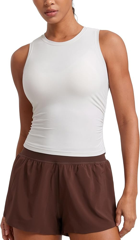 CRZ YOGA Cloudweight Womens Ruched Tank High Neck Workout Fitted Tops Basic Yoga Athletic Sleevel... | Amazon (US)