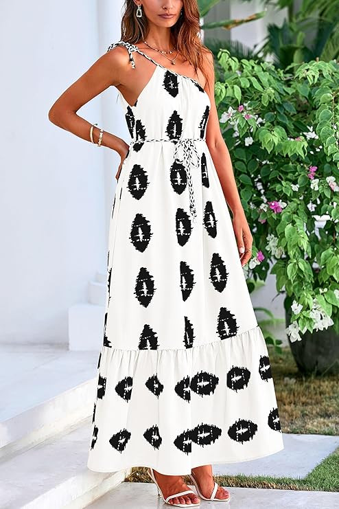 PRETTYGARDEN Women's Summer One Shoulder Maxi Dresses Printed Flowy Boho Beach Vacation Long Sund... | Amazon (US)
