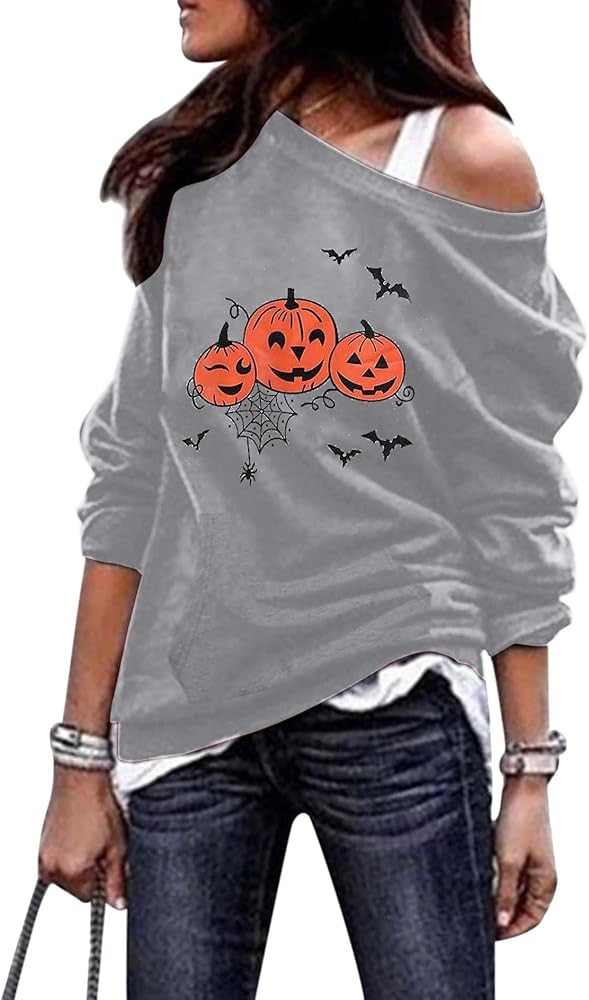 Women Pumpkin Sweatshirt Halloween Crewneck Off Shoulder Sweatshirt Long Sleeve Pullover Top | Amazon (US)