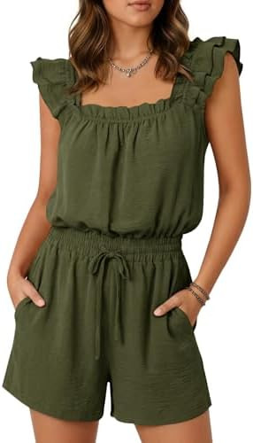Yousify Rompers for Women Summer Casual Ruffle Sleeves Square Neck Drawstring Shorts Jumpsuit 202... | Amazon (US)