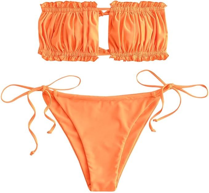 ZAFUL Women's Cutout Bandeau Bikini Set SexyString Tie Pleated High Cut Bathing Suit | Amazon (US)