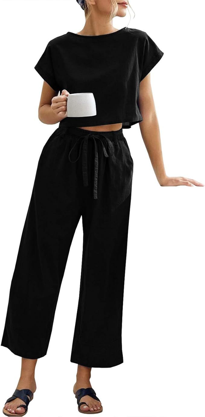 Eurivicy Women's 2 Piece Outfits Short Sleeve Crop Top and Pocketed Wide Leg Pants with Belt Casu... | Amazon (US)